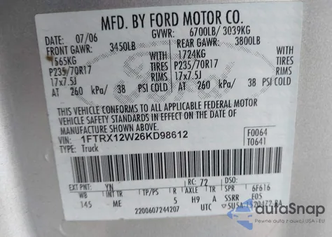 2006 Ford F-150 Stx/Xl/Xlt from USA, damaged, VIN 1FTRX12W26KD98612